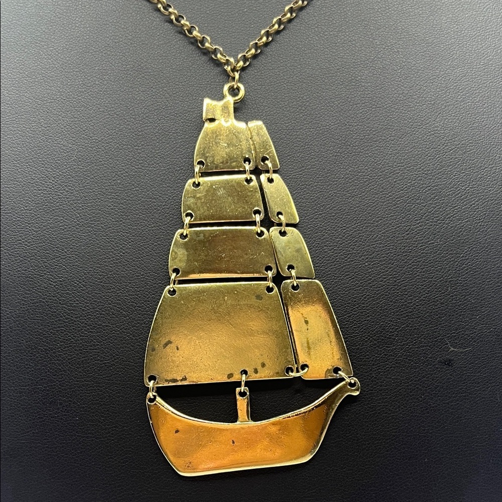 Nautical Ship Boat Brass Pendant Necklace Oversized Articulated Ship